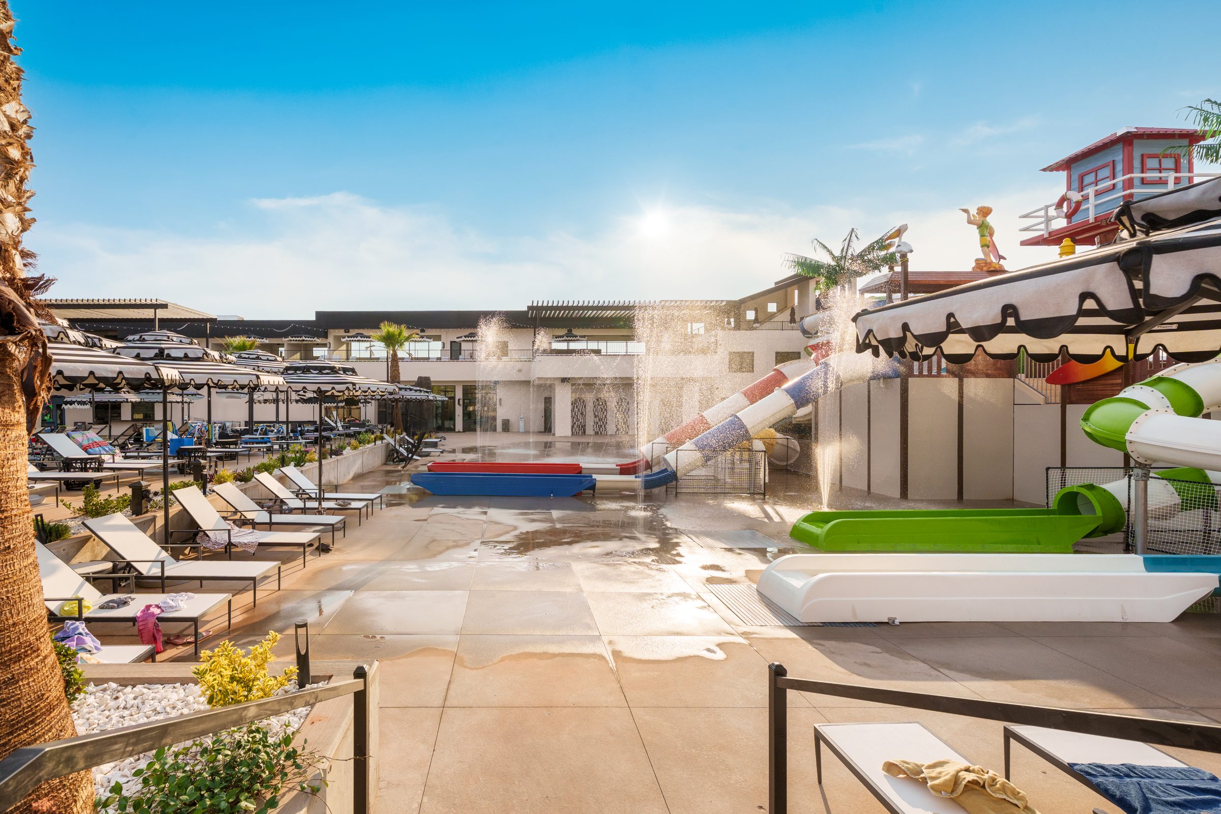 Waterpark slides and towers at Pecan Valley Resort