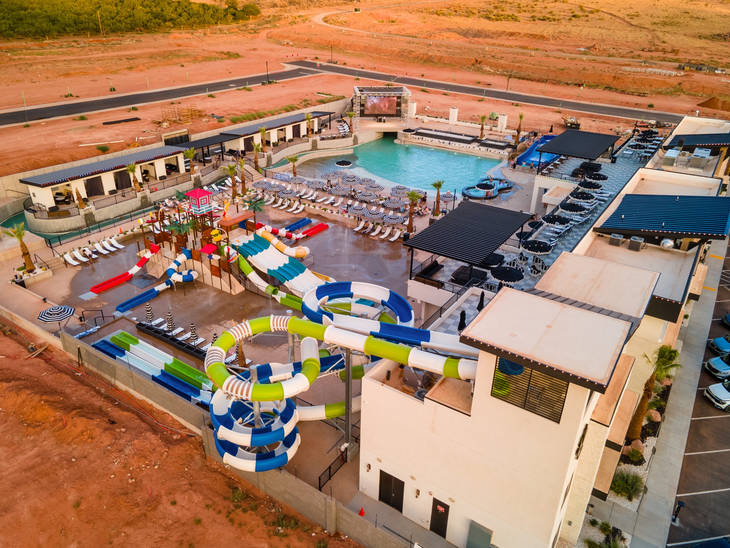 Aerial of the Pecan Valley waterpark, pools, and play structure