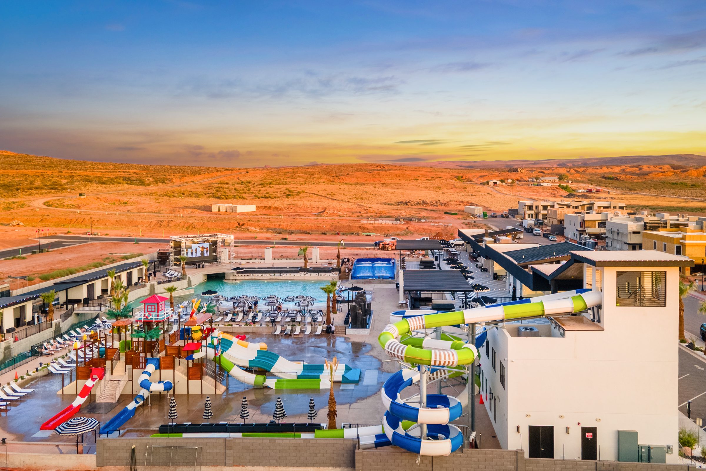 Pecan Valley waterpark and splash area at sunset